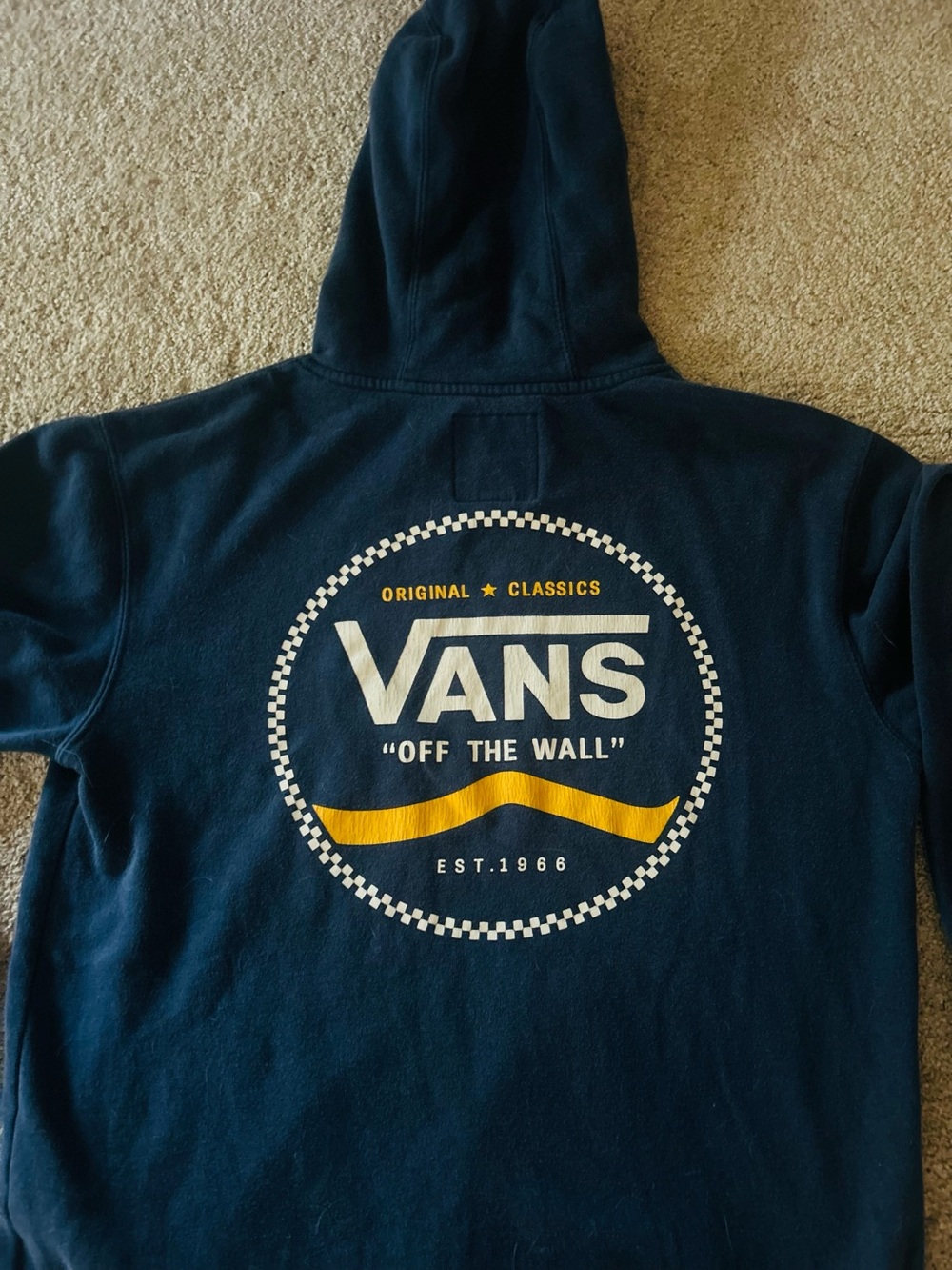 VINTAGE VANS OFF THE WALL NAVY BLUE HOODED SWEATSHIRT MEDIUM